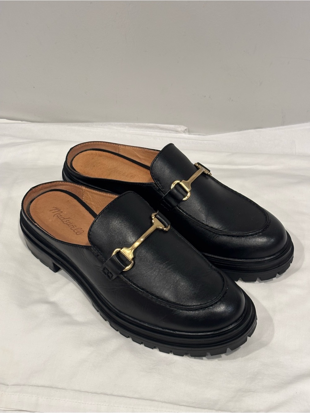 Madewell Black Leather Bit Mule Loafers with Gold Hardware